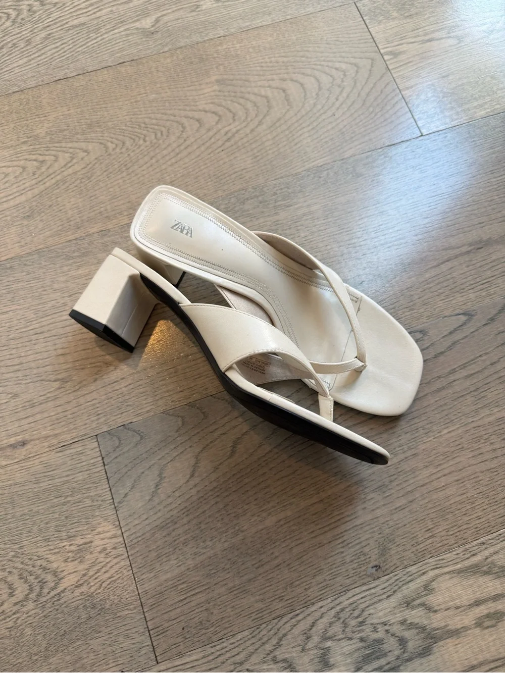 Zara Cream Square-Toe Thong Block Heel Sandals